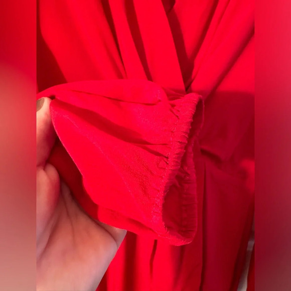 NWT LAVENDER BROWN 100% Silk RED HOT Faux Wrap Long Sleeve Midi Dress MED $220 - Picture 4 of 13